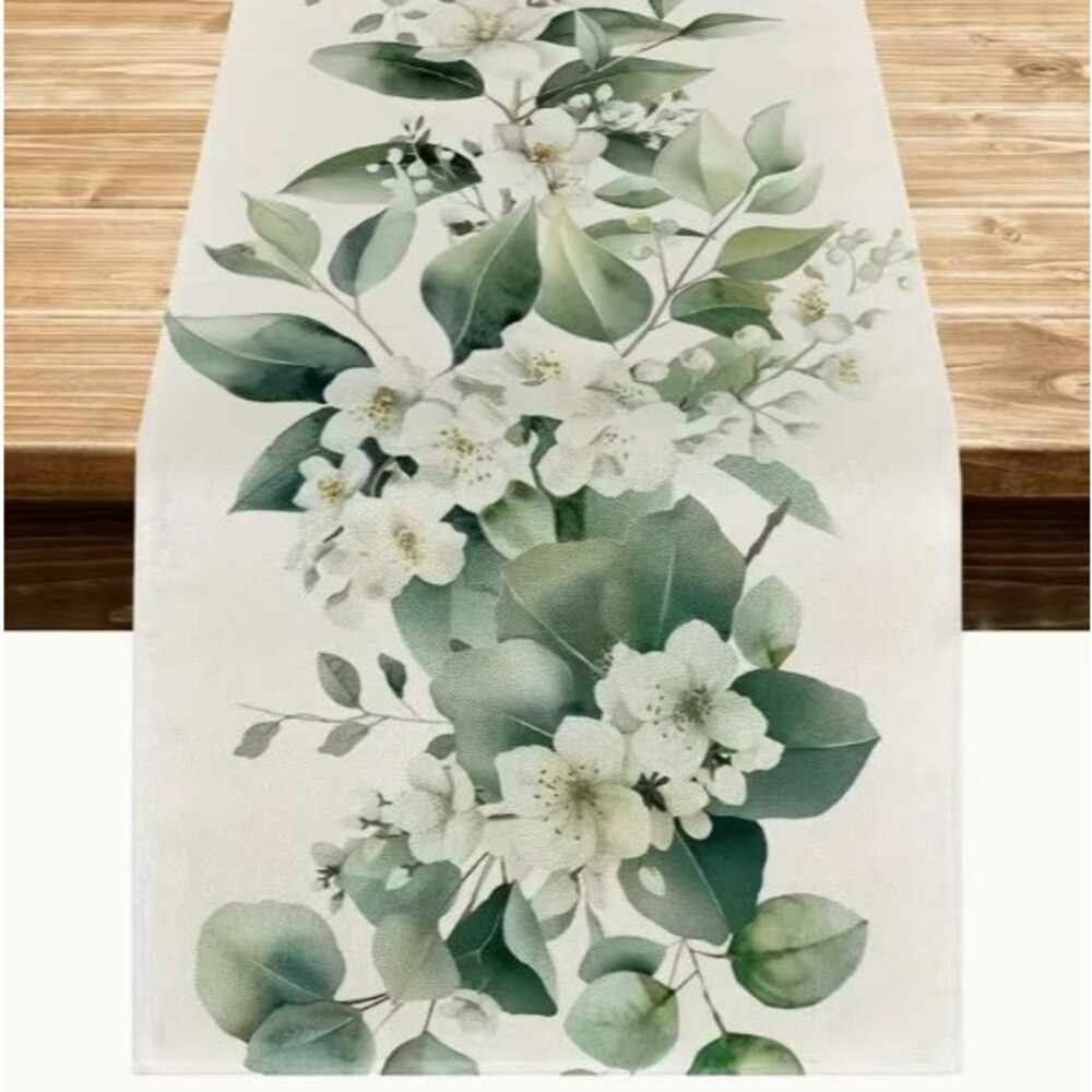 Table Runner 13x72in Woven Polyester Eucalyptus and Flowers Greenery Floral